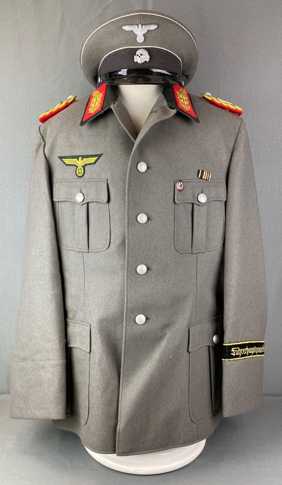 German Style Military Uniform Jacket and Hat: Includes pins and patches