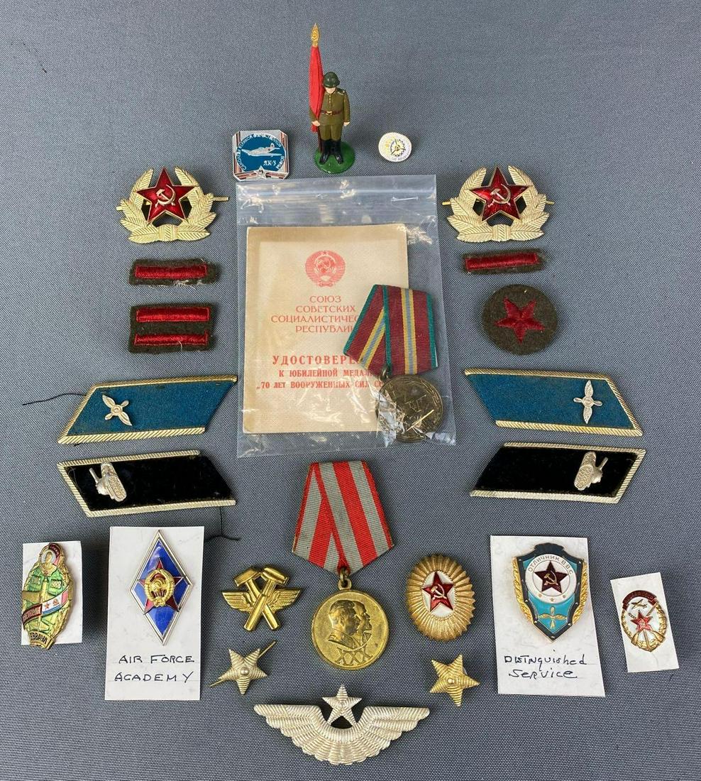 Soviet Russian Military Insignia: Includes distinguished service medal, Air Force academy pin, and more