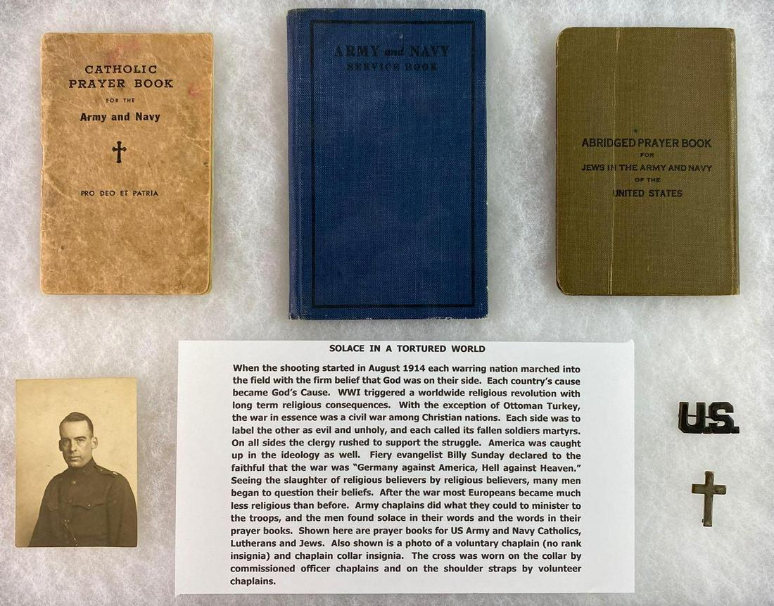 Group of WW1 US Army Chaplain Items: Includes prayer books, collar insignia, and more