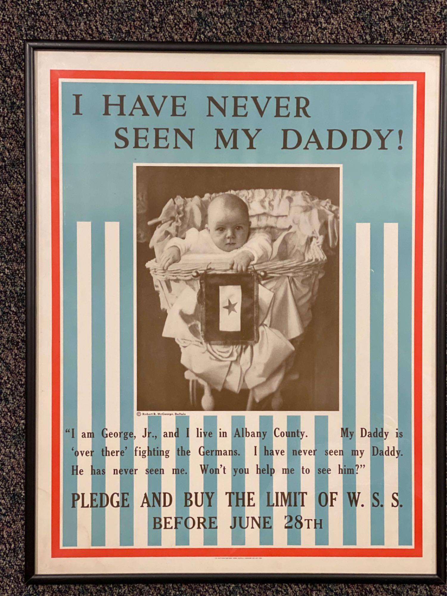 WW1 I Have Never Seen My Daddy Framed Poster: Frame measures 22 3/4 x 29 inches. Poster measures 22 x 28 1/4 inches.