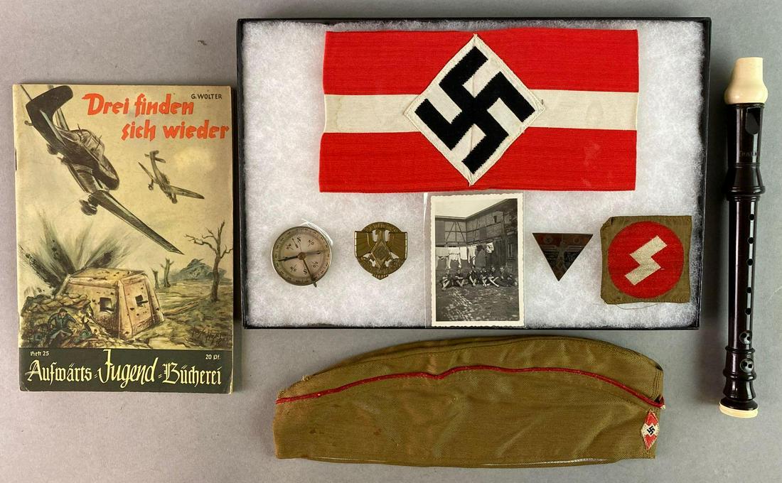 Group of 9 WW2 German Hitler Youth Items: Includes Summer cap, bakelite recorder marked Ragnar, compass, conference medals, and more.