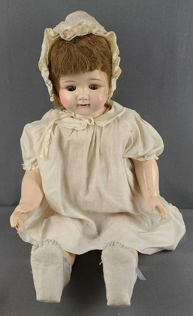 Effanbee Composition Rosemary doll: Fabric body with working noisemaker. Open mouth with teeth, sleep eyes. Paint loss, some crazing. 26 inches tall