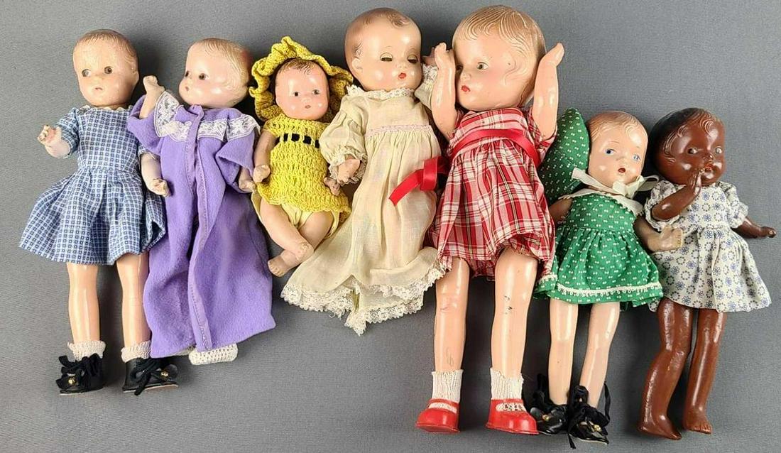 Group of 7 composition dolls: Some Effanbee Patsy type. All have some condition problems, paint loss, crazing, cracks and more. Largest is 13 inches
