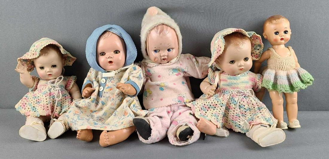 Group of 5 baby dolls: Effanbee Patsy baby, Sun rubber, unmarked. Largest is 12 inches