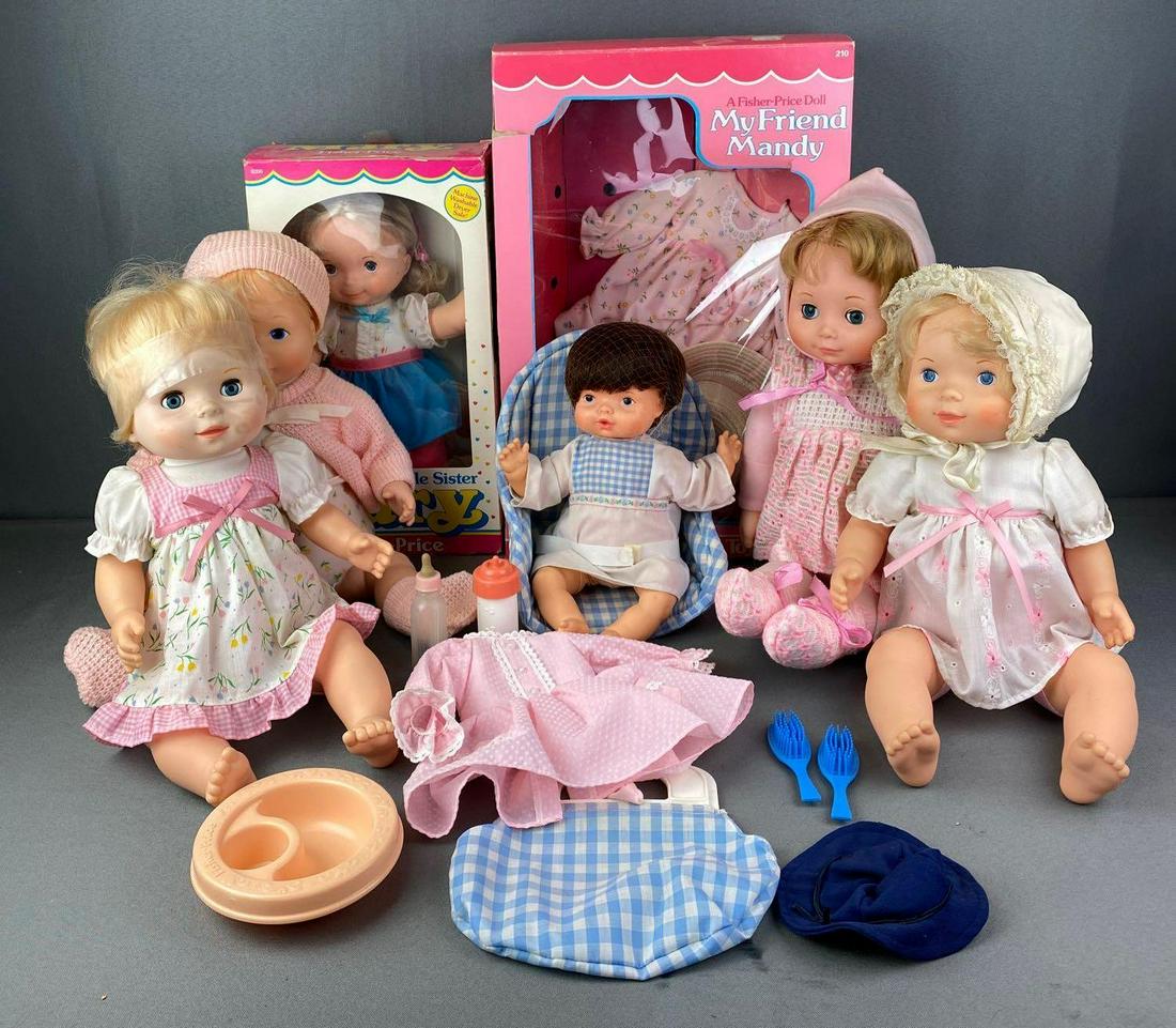 Group of Fisher Price Dolls and Accessories: Includes My Little Sister Mary - still in box, My friend Mandy outfit - still in box, baby bottles, brushes and more