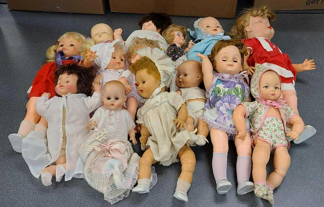 Group of 14 dolls: All in played with condition. Vogue, Cameo, Uneeda, Lorrie, and more. Largest is 20 inches