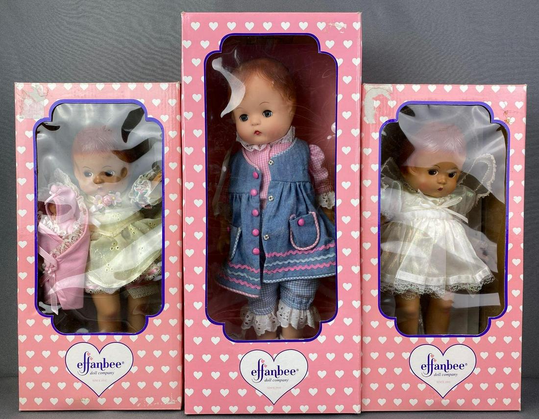 Group of 3 Effanbee Dolls: Includes Hush Little Baby, Hark the Herald, and Patsy Joan Playtime Denim. Largest is 16 inches, all in original boxes