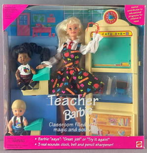 Teacher Barbie Fashion Doll Classroom Gift Set: 11.5 and 4 inch dolls, new in original packaging. 1995 Mattel, Inc