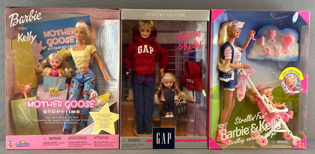 Group of 3 Barbie and Kelly Barbie Fashion Doll Sets: Includes Mother Goose Storytime, Gap, and Strollin Fun. 11.5 and 3 inch dolls, new in original packaging. Mattel, Inc