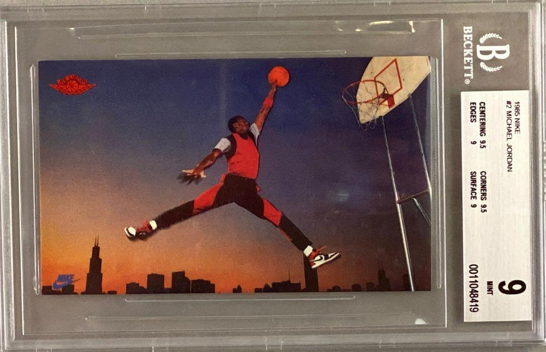 1985 Nike Promo Michael Jordan PSA 9: Beckett graded 9 Mint. One of Jordan's first appearances on a card and is regarded by some as his Rookie.
