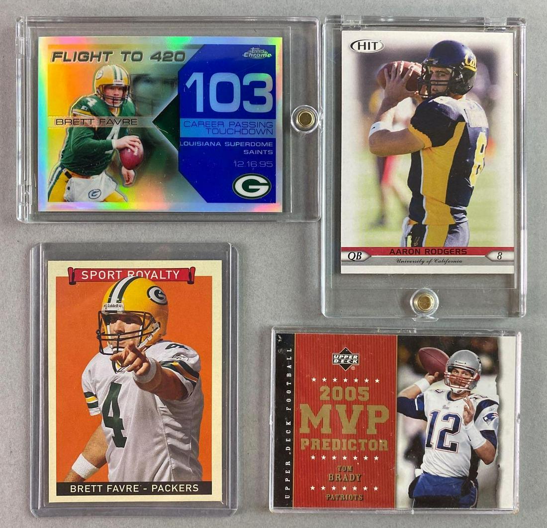 Group of 4 NFL Football Cards: Includes 2 Brett Favre cards, 1 Tom Brady Card, and 1 Aaron Rogers Card.