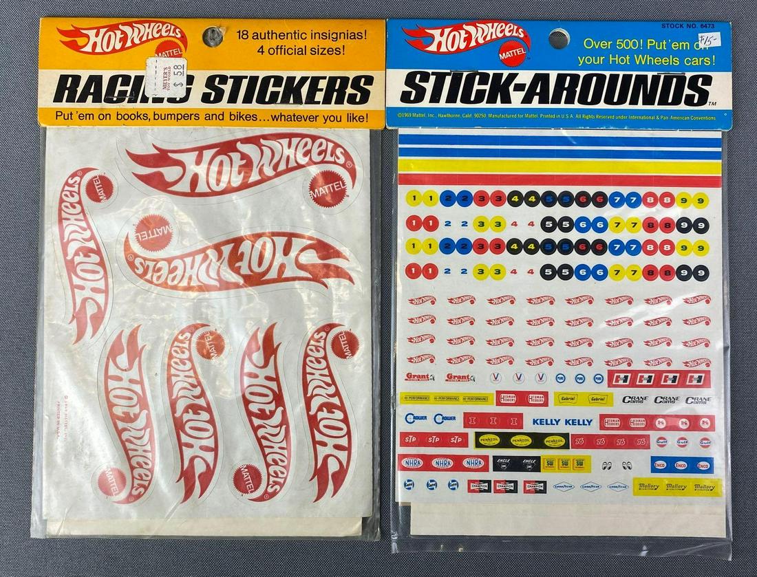 Group of 2 Mattel Hot Wheels Sticker Packs: Racing stickers and stick arounds, 1969, in original packaging