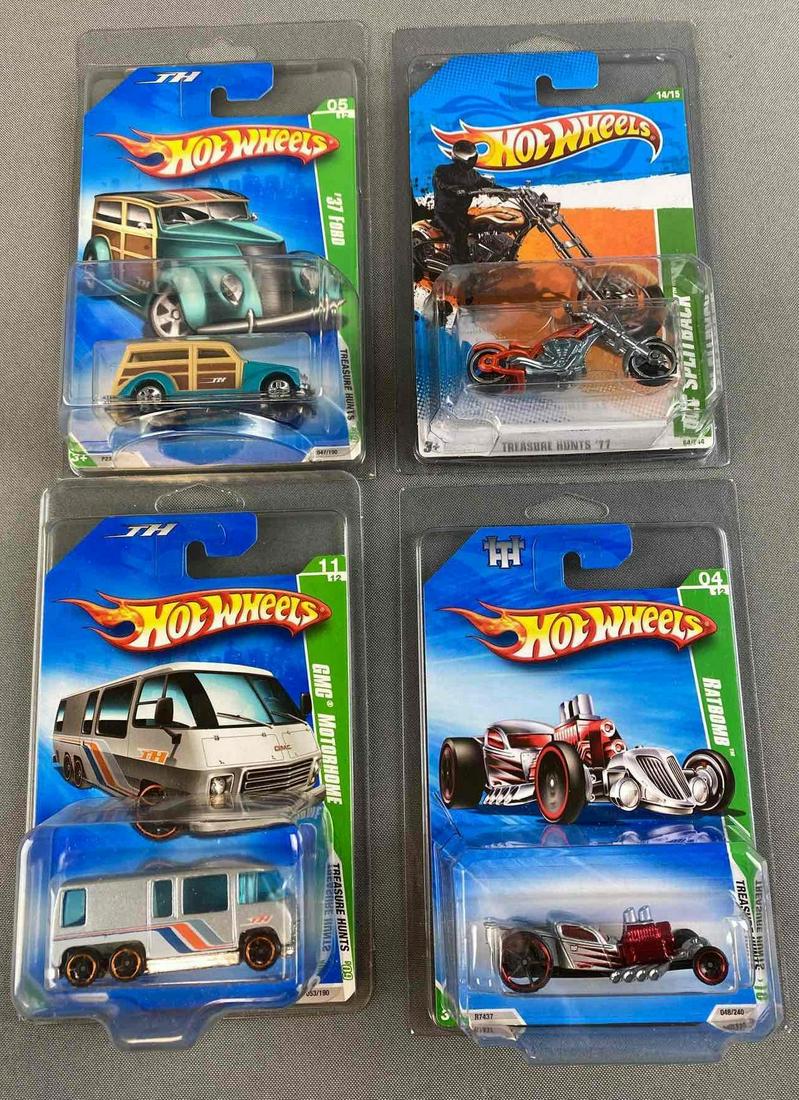 Group of 4 Hot Wheels Die Cast Vehicles: Treasure Hunts. Including GMC Motorhome, 1937 Ford, DCC Splitback, and Ratbomb. Individually Packaged.