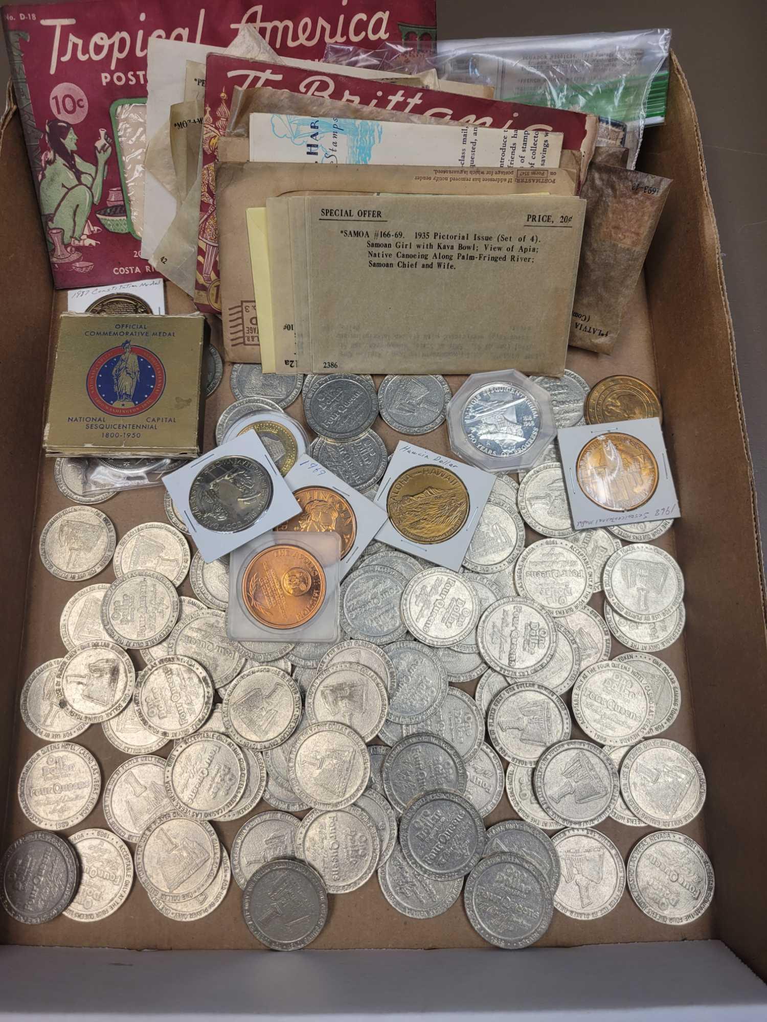 Large Group of Gaming Tokens, Medals, Stamps & more: Includes Four Queens Gaming Tokens, Commemorative Tokens & medals, vintage Stamps & more.
