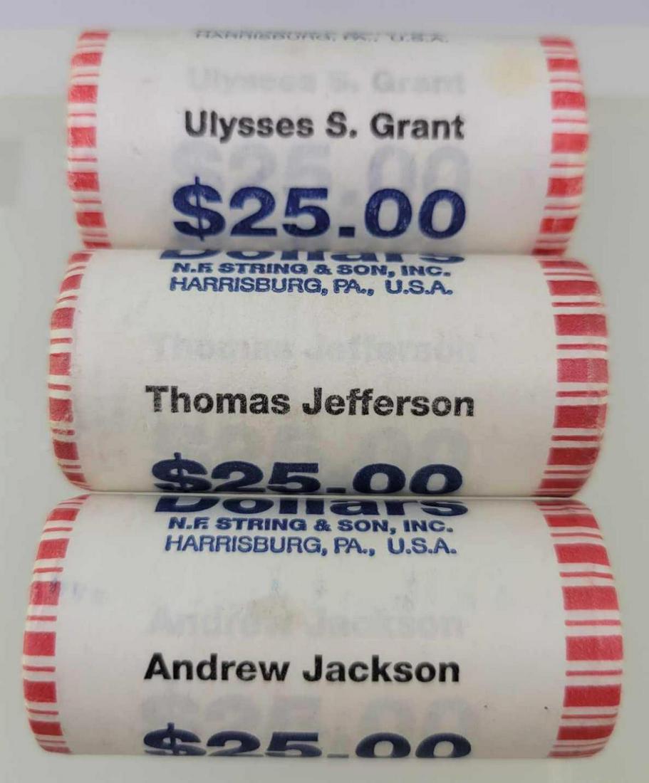 Group of (3) $25 Presidential Dollar Rolls Jefferson: Includes (25) of Each Thomas Jefferson, Andrew Jackson & Ulysses S. Grant Presidential Dollars in Rolls, $75 Face Value.