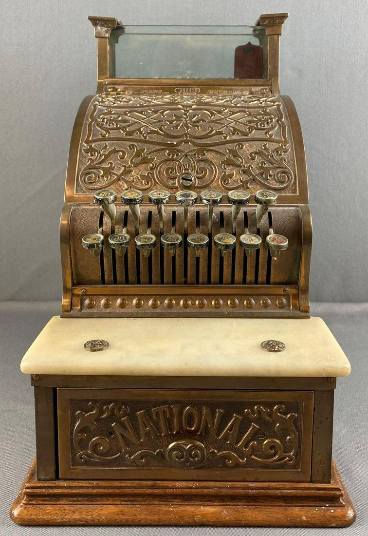 National Brass Cash Register: model no. 250, circa 1900s, 10.5X16X17 inches. No shipping.