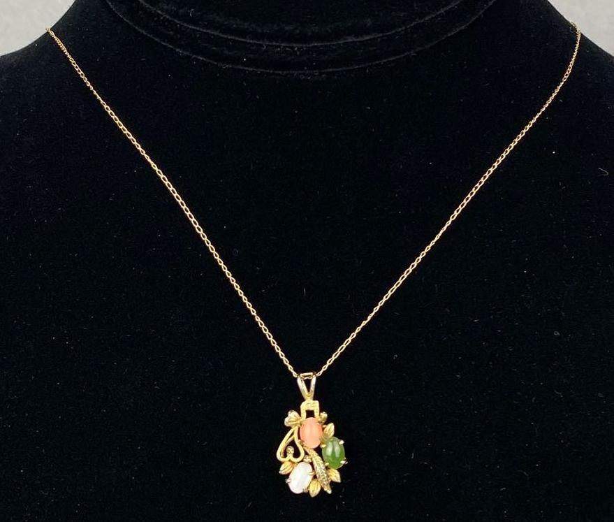 14K Gold Link Chain Gemstone Pendant Necklace (1 of 5)