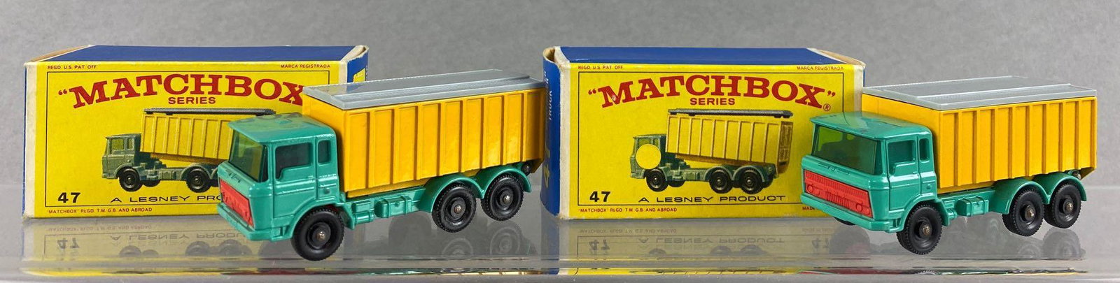 Group of 2 Matchbox No. 47 D.A.F. Tipper Container: Green body, red base, blue/green windows, BPW, die-cast. A Lesney Product
