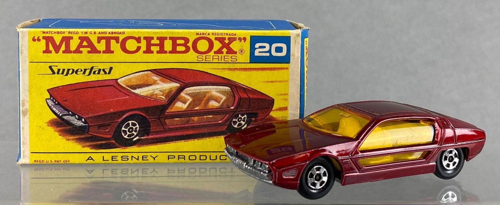 Matchbox Superfast No. 20 Lamborghini Marzal: Red body, amber windows, BPW, die-cast. A Lesney Product