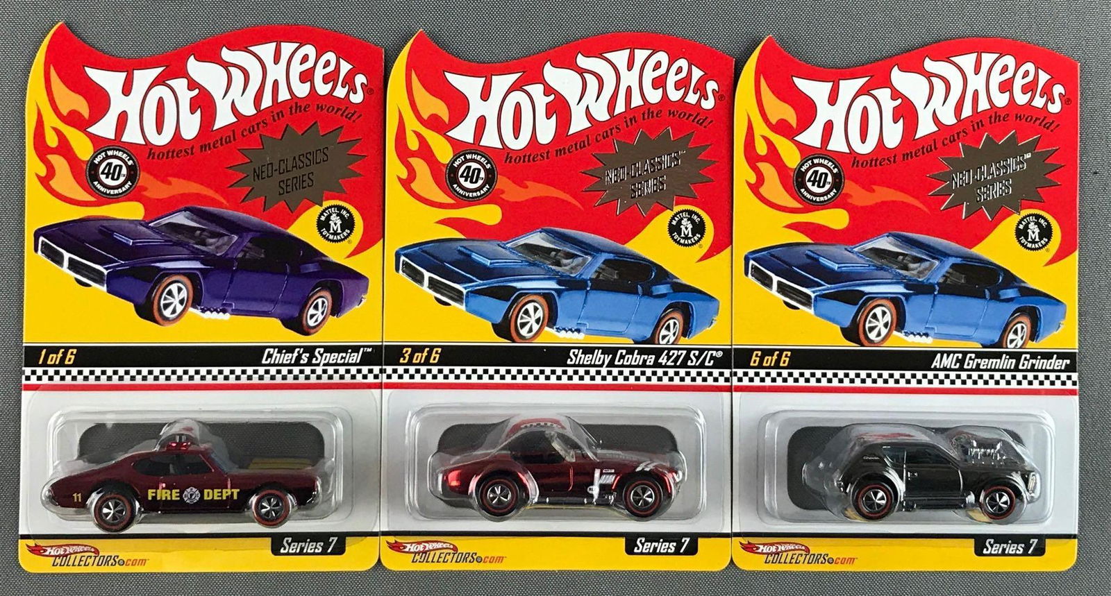 Group of 3 Hot Wheels Neo-Classics Series 7 cars: Includes Chiefs Special limited edition 04619/10000, Shelby Cobra 427 S/C limited edition 01744/07500 and AMC Grinder limited edition 06076/10000, die -cast, MIB.