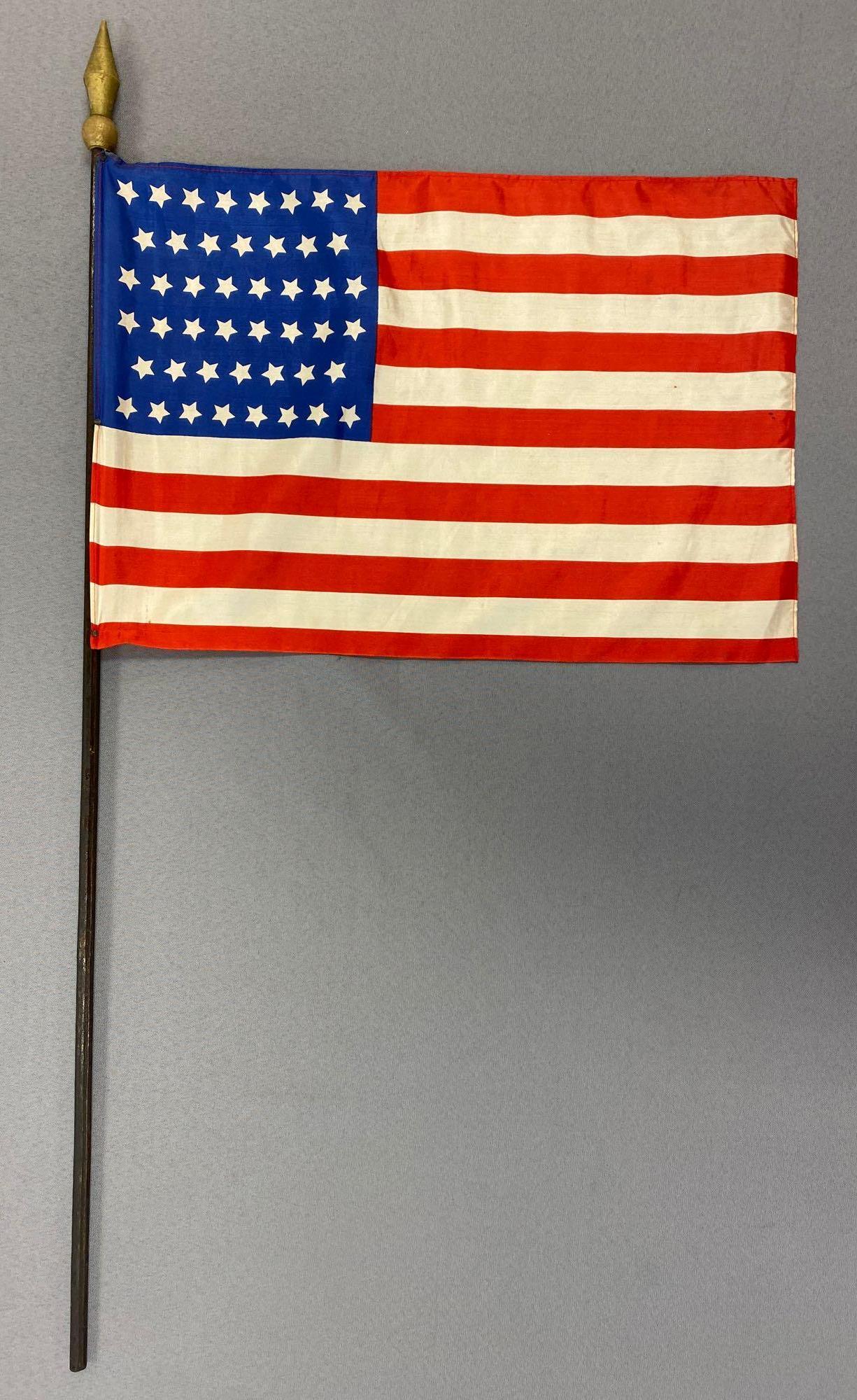 Silk 46 Star Flag On a Stick: Measures 11 1/2 x 17 inches.