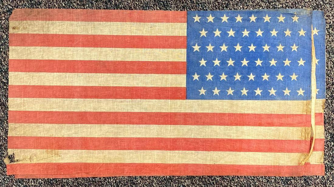 Group of 3, 48 Star Flags: Each measures 19 1/2 x 35 inches. Each has some staining and damage.