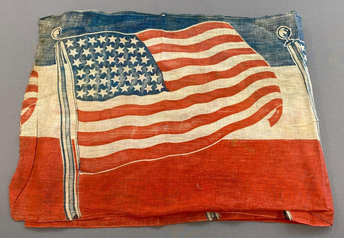 43-Star American Flag Fabric: the 43-star flag only lasted one year from July 4, 1890 â€“ July 3, 1891 making it exceptionally rare. Repeating Pattern. Measures around 18ft long by 22inches tall. Staining and tears throughout