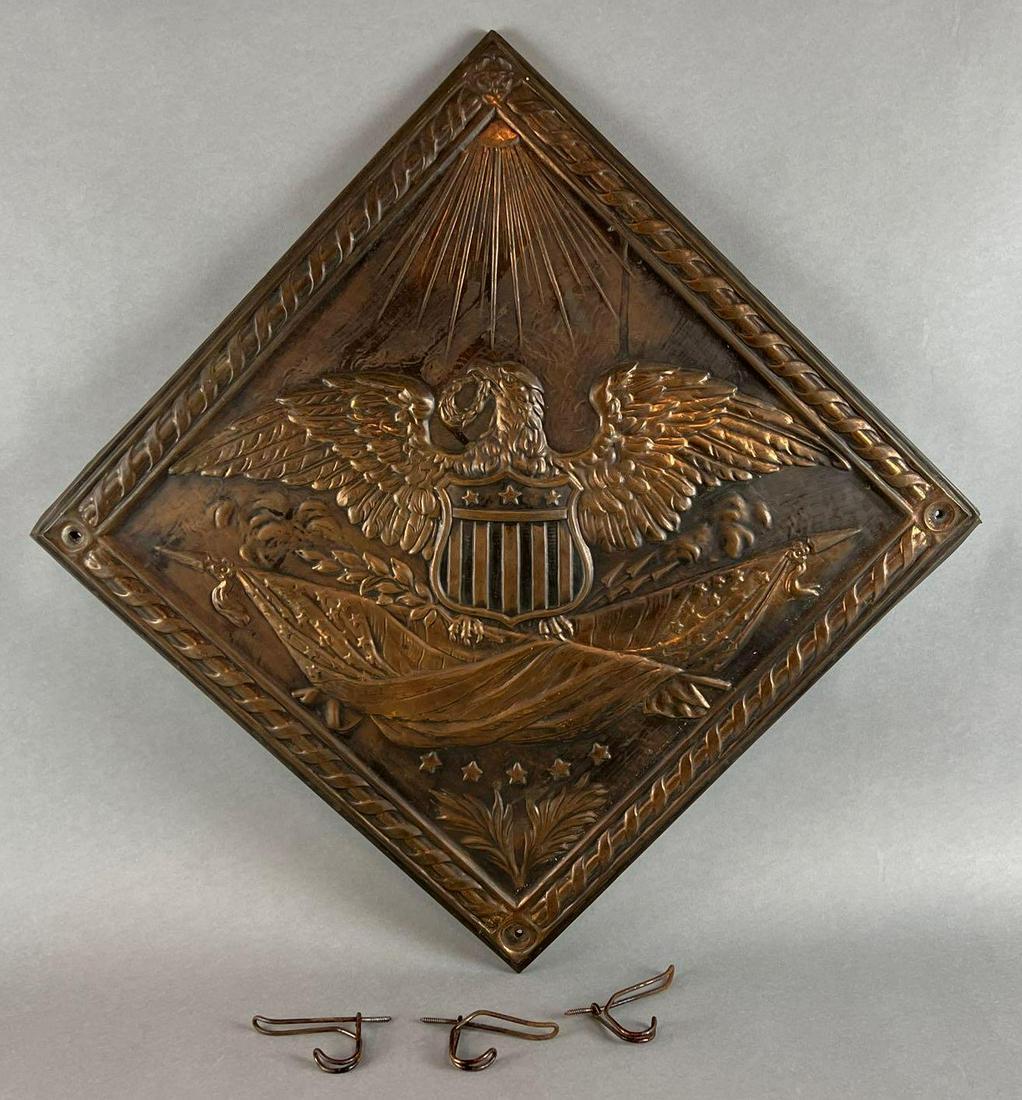 Vintage Commemorative US Eagle and Shield Hat Rack: hammered copper, featuring eagle with shield and flags, 18 x 18 inches. includes hooks