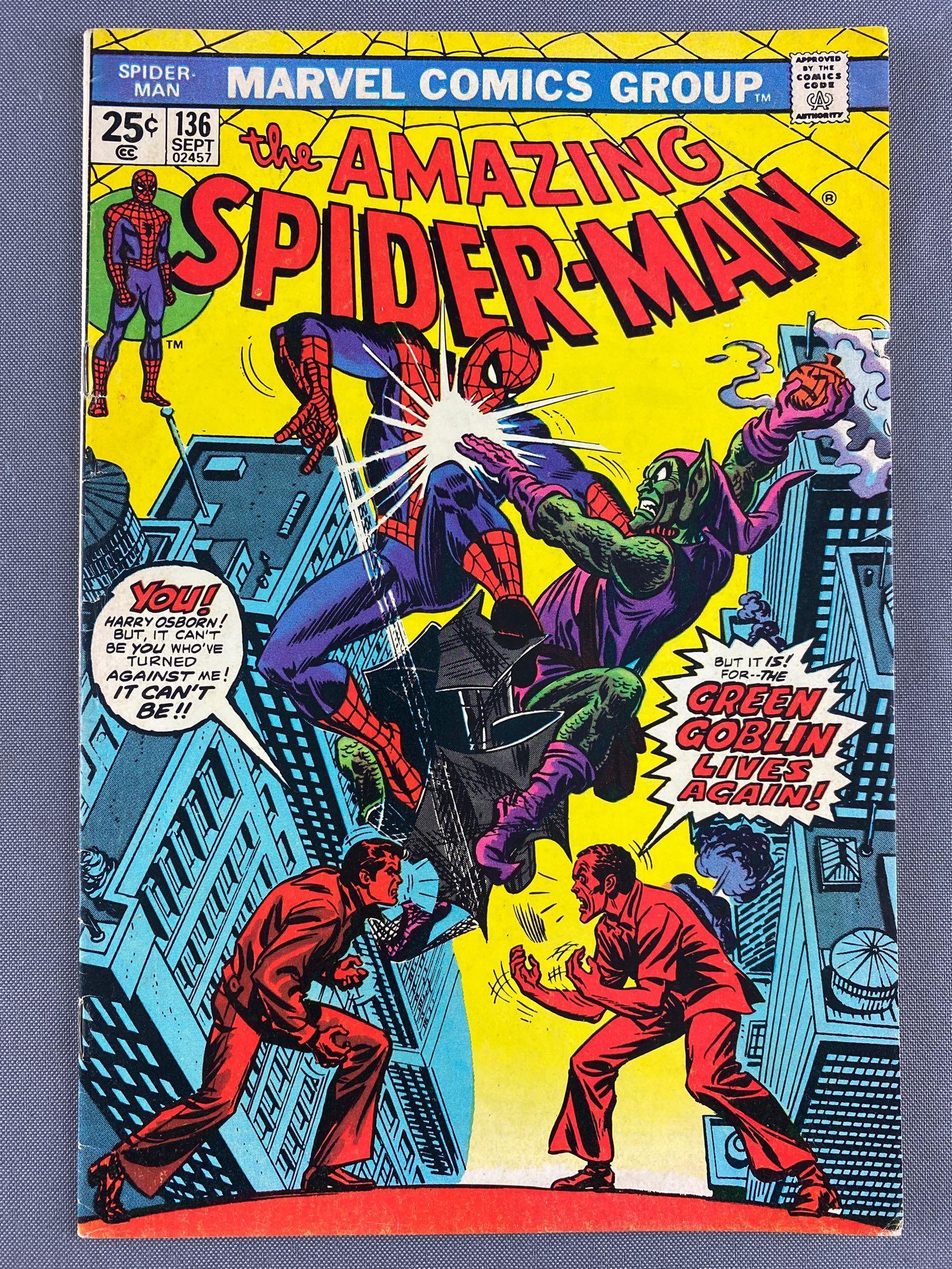 Marvel Comics The Amazing Spider-Man No. 136 Comic Book: 1st Appearance of Harry Osborn as The Green Goblin, September 1974, Bronze Age, $.25, bagged and boarded