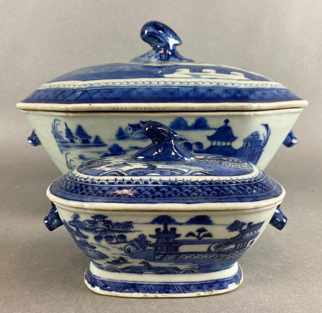 Group of 2 Chinese Blue and White Porcelain Tureens: Republican Period. The largest measures 11 1/2 x 8 3/4 inches. There are some chips on the larger tureen.