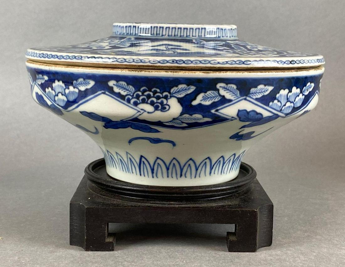 Chinese Blue and White Porcelain Soup Tureen: Measures 7 1/2 x 3 1/2 inches, without base. There is a small chip on the inside of the lid