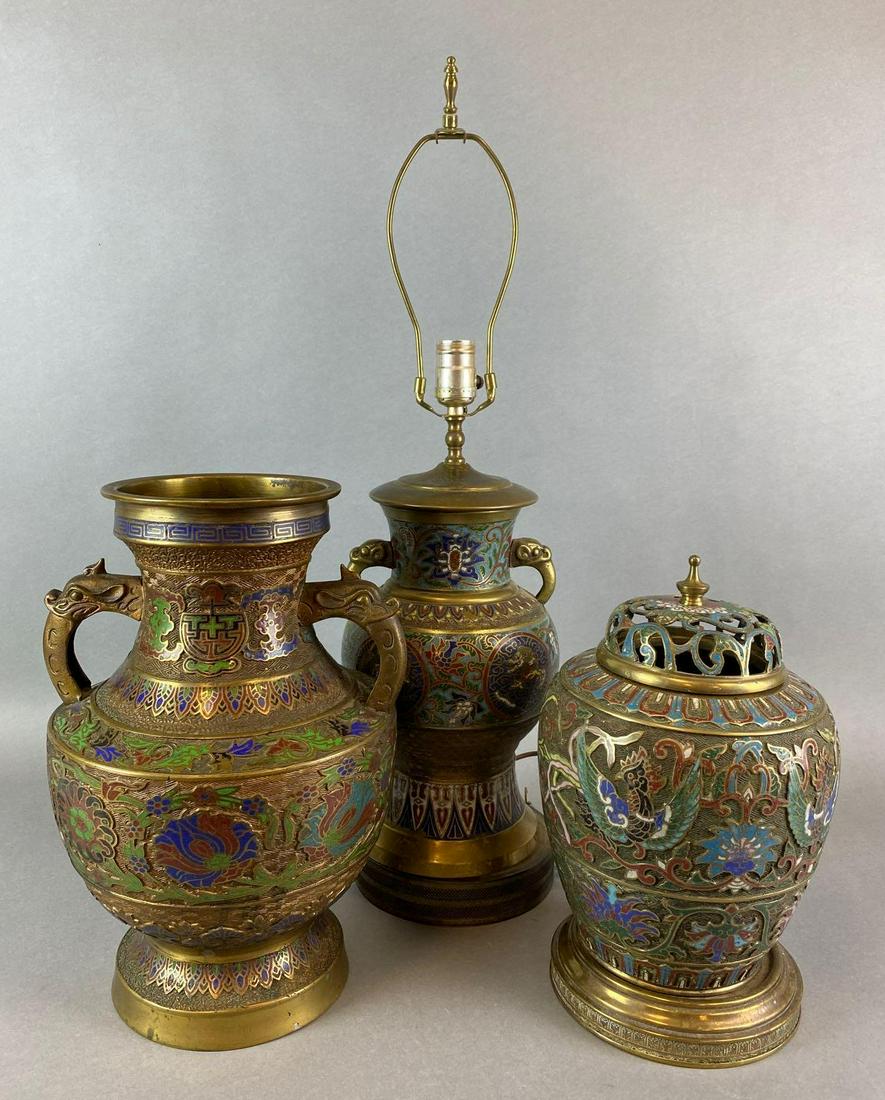 Group of 3 Champleve Vase, Pot, and Lamp: The lidded pot measures 12 3/4 x 7 3/4 inches. The lamp is untested and needs to be reassembled.