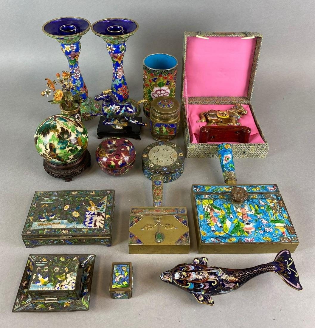 Group of 16 Cloisonne and Enamelware: The candlesticks measure 7 3/4 x 3 1/2 inches. Includes Stampbox, brush pot, matchbox holder, and more.
