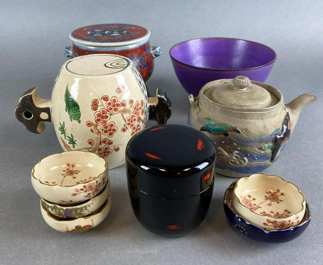 Japanese Chawan, Tea Caddy, Teapot, Incense Burner,: Includes Purple Kyo Kiyomizu Yaki Chawan, sake cups, lucky hammer, and more. The teapot has some damage.