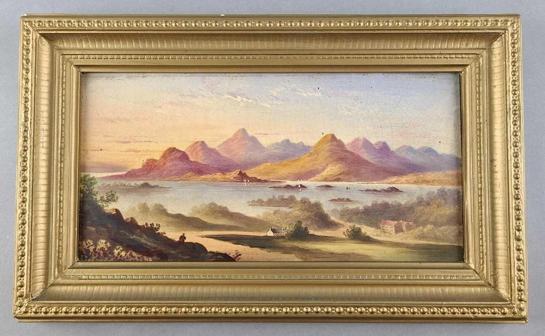 Glengarriff Harbor/Lake Killarney hand painted ceramic: Frame 9.5 x 15.5, tile 6.25 x 12.25 inches. Crazing