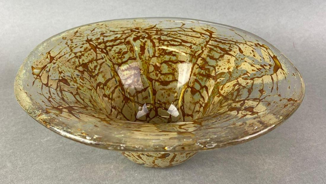 Art Glass Rimmed Bowl: polished pontil mark, clear glass with brown and cream design, 3 inches tall