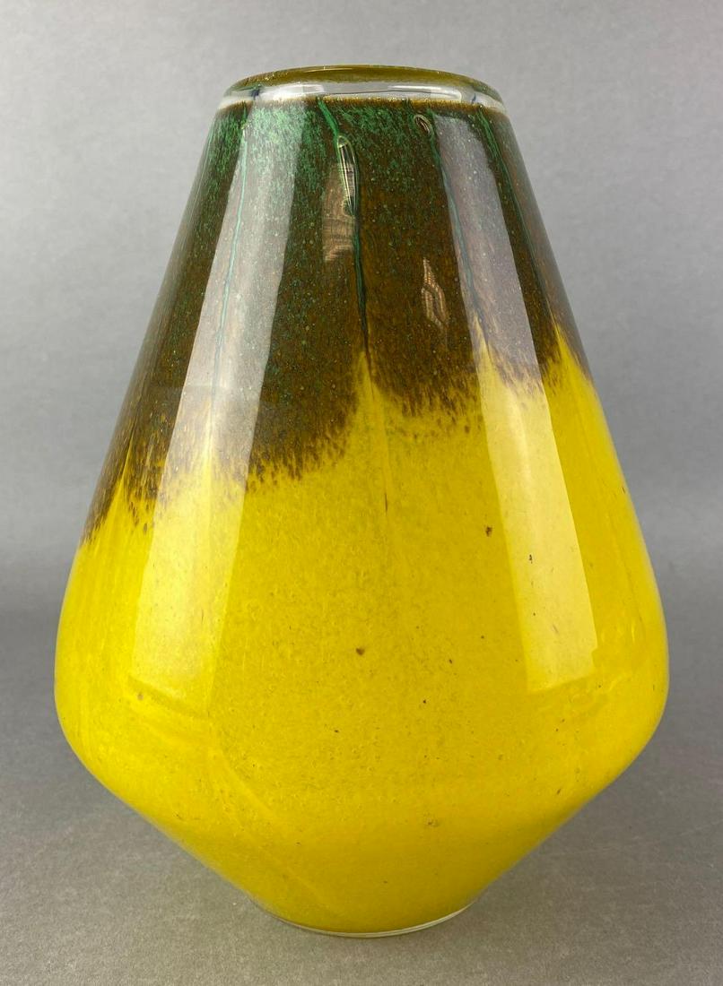 Art Glass Vase: Clear glass with yellow, brown, and green. 9.5 inches tall