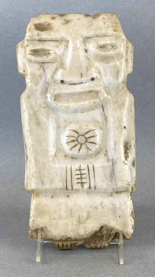 Carved Marble Mayan Figure: Man with hands clasped together. Measures 11.5in tall.