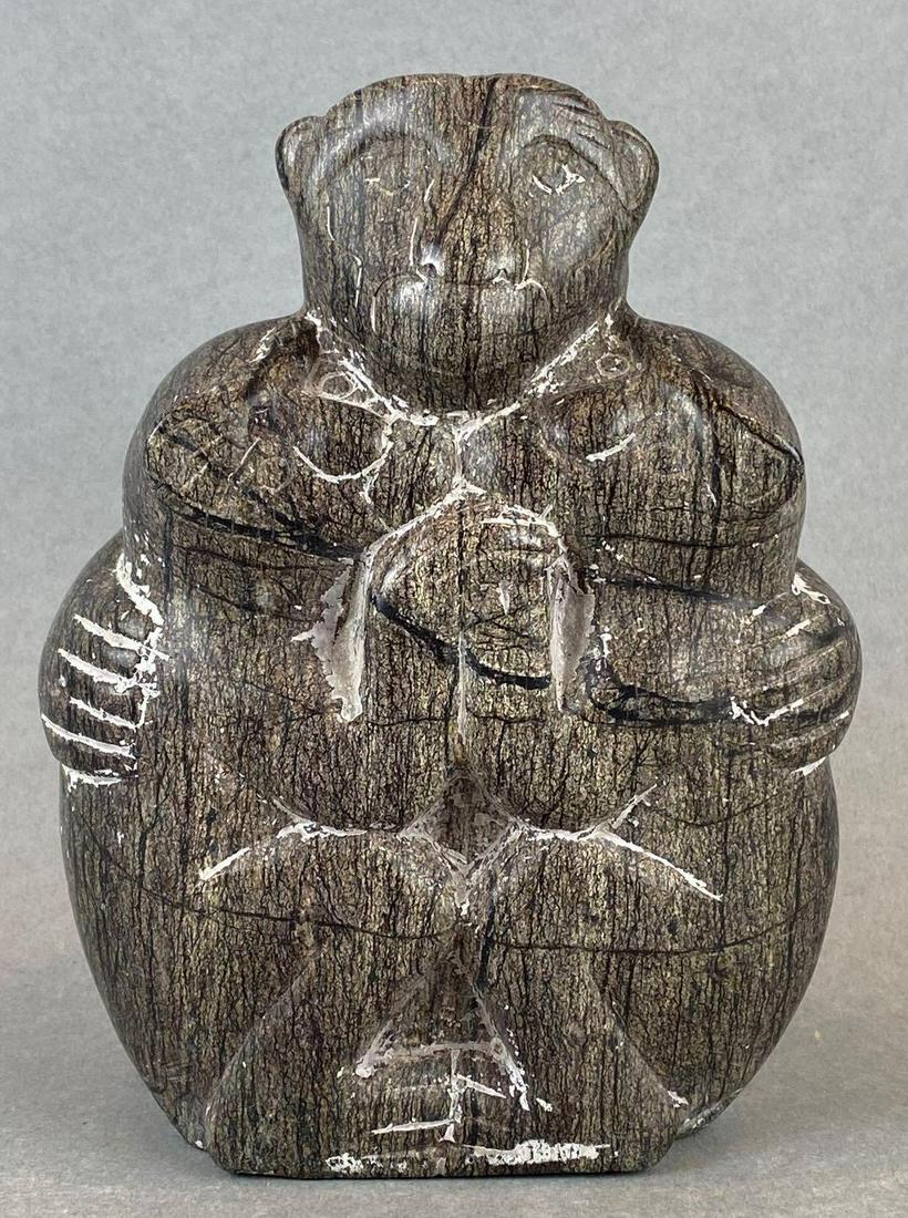 Monkeys Embracing Soapstone Figure: Depicts 3 monkeys hugging. Small chips in some areas. Measures 7in tall.