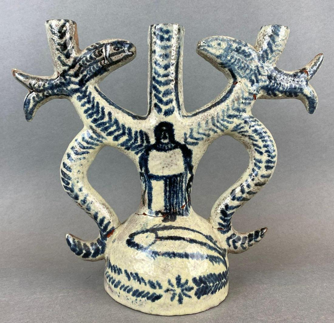 Redware Blue and White Painted Candle Holder (1 of 6)