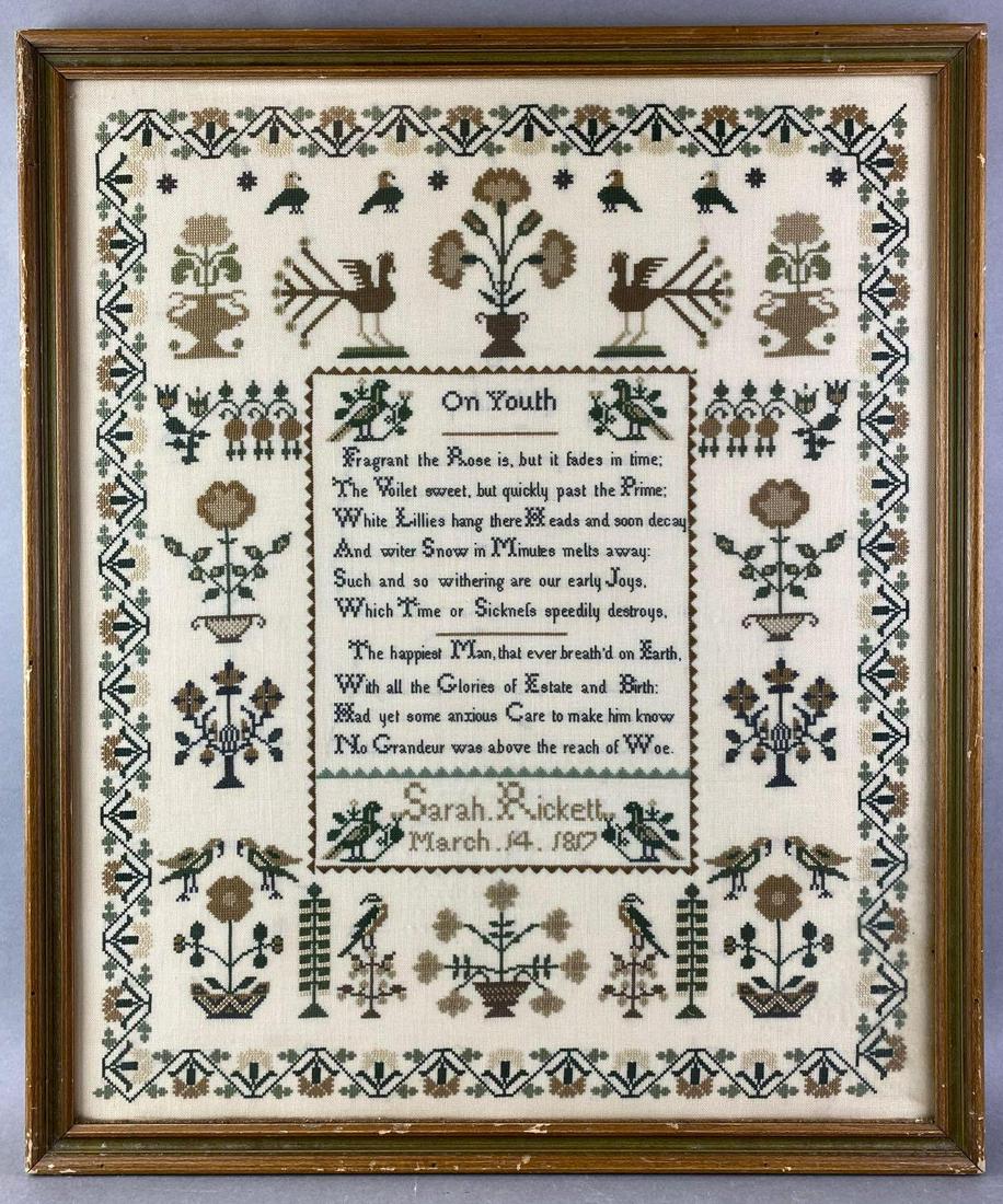Reproduction Framed Sampler: frame is 26.5X22.25 inches