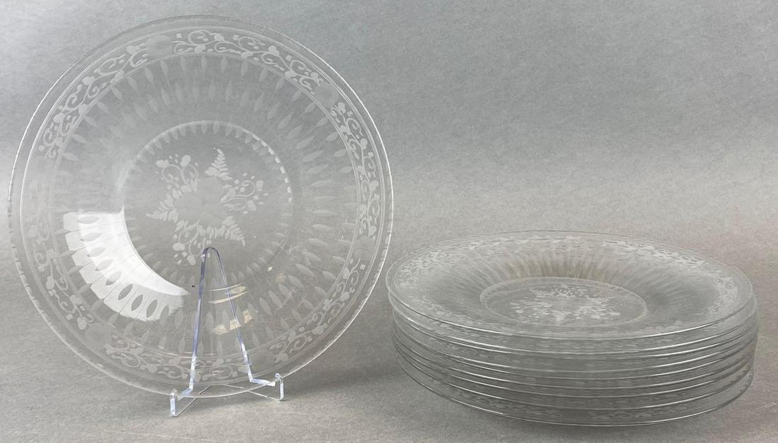 Group of 10 Etched Clear Glass Plates (1 of 3)