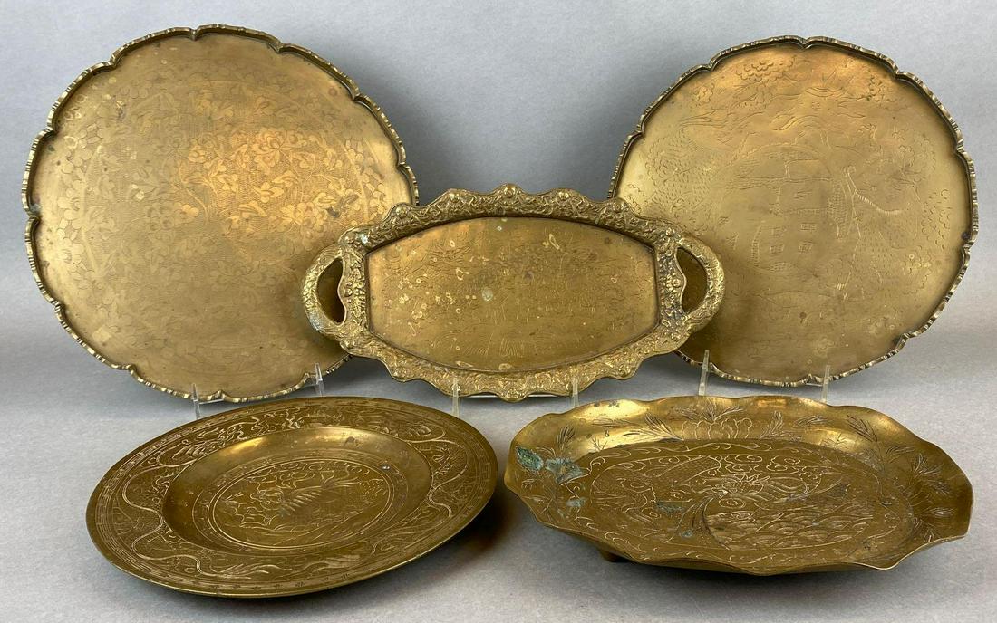 Group of 5 Chinese Etched Brass Platters and Plates (1 of 5)