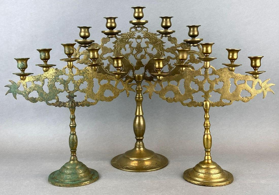 Set of 3 Brass Chinese Dragon Candelabras (1 of 8)