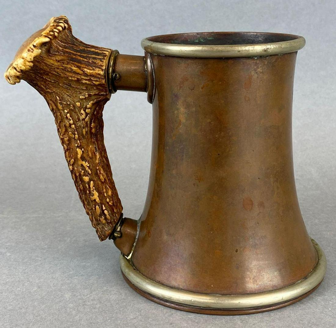 Copper Antler Handled Mug: Some tarnishing inside, measures 5.5in tall.