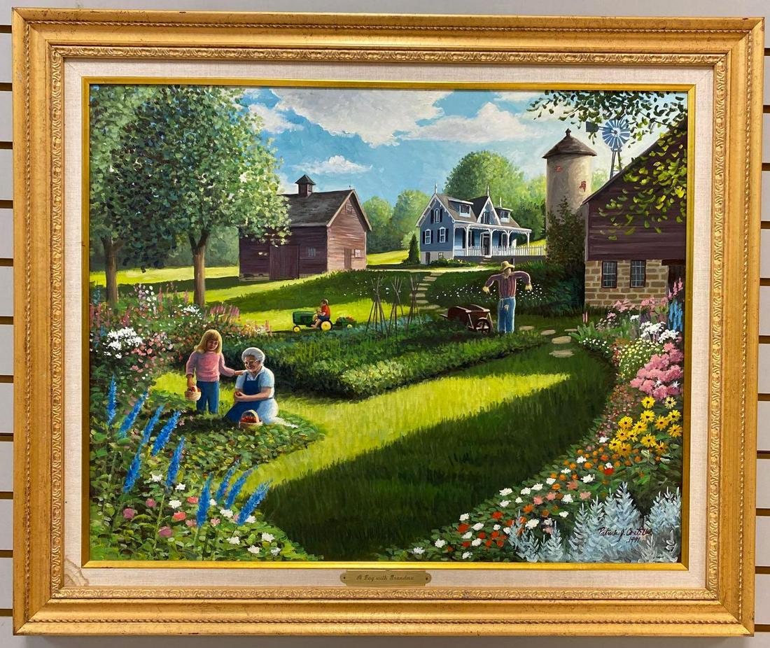 Patrick Costello A Day With Grandma Oil on Canvas: Frame measures 30.82 x 36 3/4 inches. Canvas measures 24 x 30 inches. Signed on lower right corner. There is some staining on the frame.