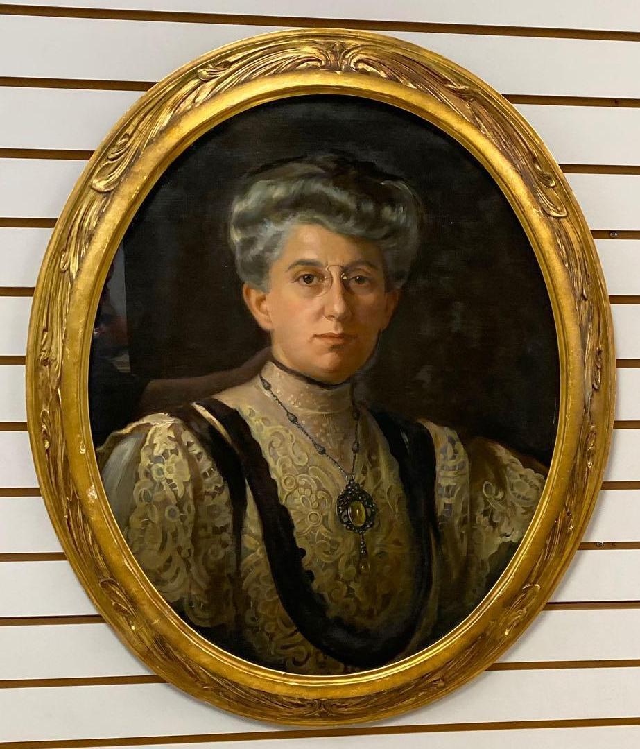 Edwardian Lady Portrait Oil on Board: Frame measures 32 x 27 inches. Painting measures 27 x 22 inches.