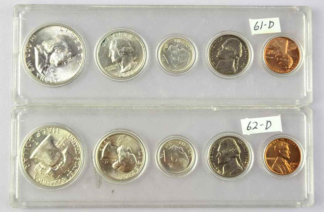 Group of (2) 5-Coin U.S. Date Sets 1961 D & 1962 D: Each display includes Half Dollar, Quarter, Dime, Nickel & Cent.