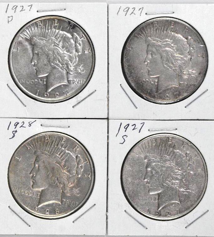 Group of (4) Peace Silver Dollars 1927 P, D & S, 1928 S (1 of 2)