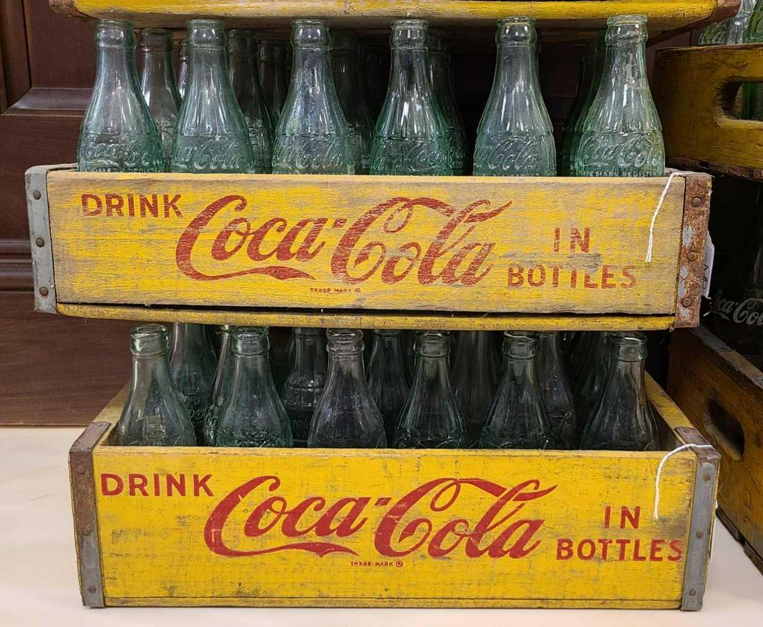 Group of 2 Coca-Cola Advertising Crates with Bottles: 6 oz bottles, 50+. One bottle has tag that reads from England